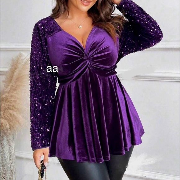 Luxe Plus Size Velvet Sequin Twisted Front VNeck Evening Top Blouse Shirt Purple - Picture 2 of 2